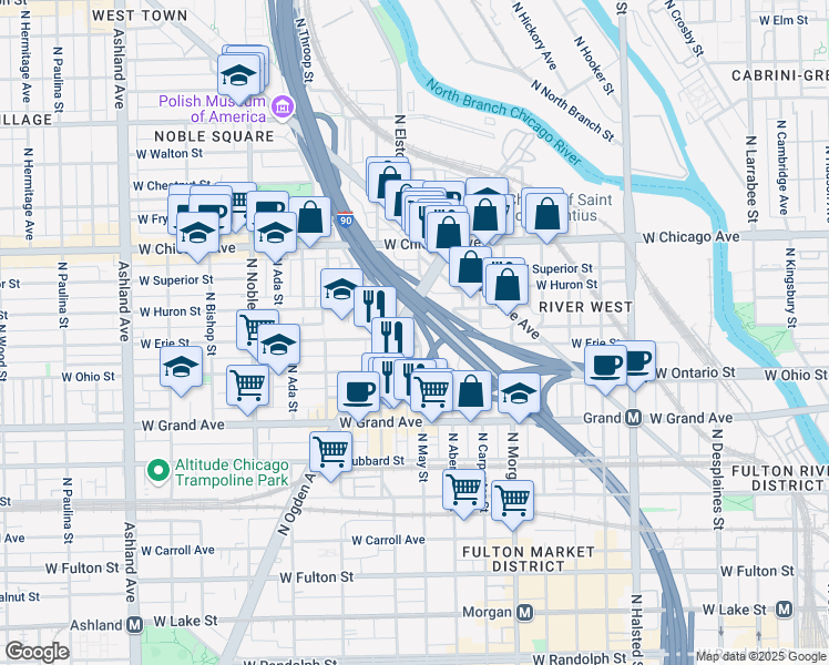 map of restaurants, bars, coffee shops, grocery stores, and more near 1120 West Erie Street in Chicago