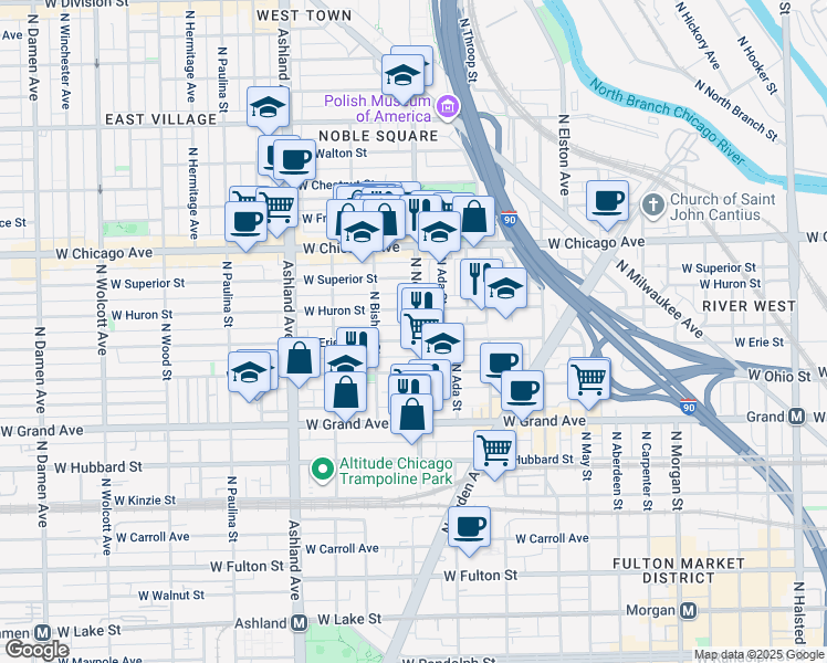 map of restaurants, bars, coffee shops, grocery stores, and more near 1416 West Erie Street in Chicago