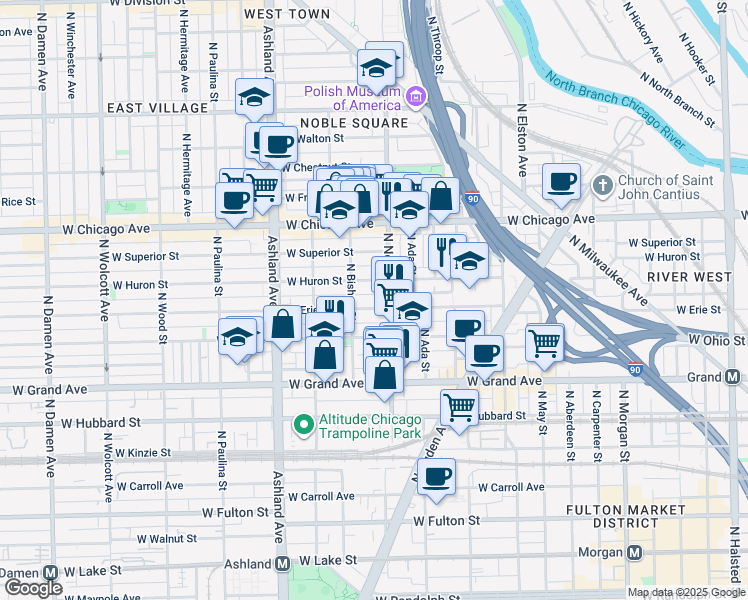 map of restaurants, bars, coffee shops, grocery stores, and more near 1416 West Erie Street in Chicago