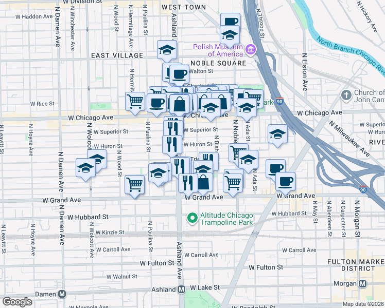 map of restaurants, bars, coffee shops, grocery stores, and more near 1508 West Erie Street in Chicago