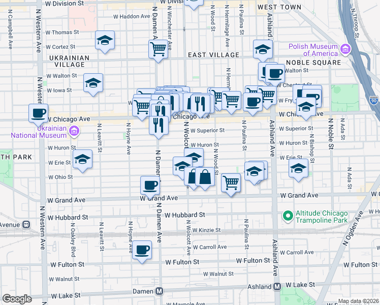 map of restaurants, bars, coffee shops, grocery stores, and more near 1910 West Erie Street in Chicago