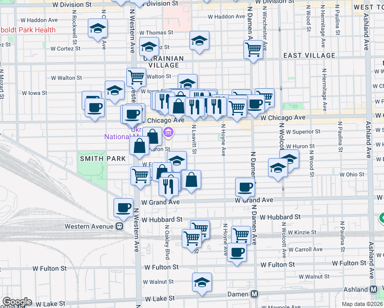map of restaurants, bars, coffee shops, grocery stores, and more near 2210 West Erie Street in Chicago