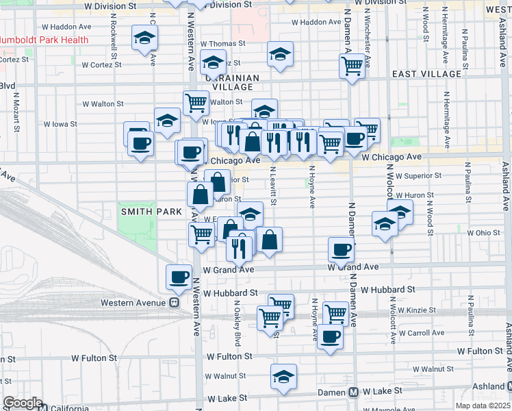 map of restaurants, bars, coffee shops, grocery stores, and more near 2210 West Erie Street in Chicago