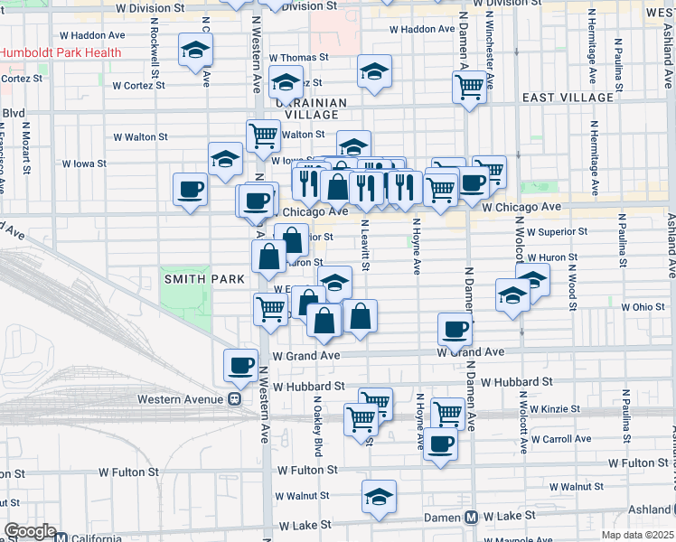 map of restaurants, bars, coffee shops, grocery stores, and more near 2210 West Erie Street in Chicago