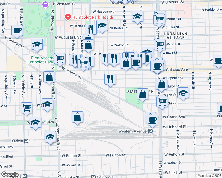 map of restaurants, bars, coffee shops, grocery stores, and more near 2700 West Grand Avenue in Chicago