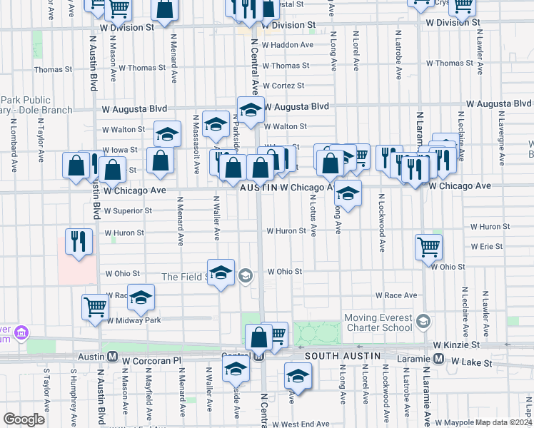 map of restaurants, bars, coffee shops, grocery stores, and more near 719 North Central Avenue in Chicago