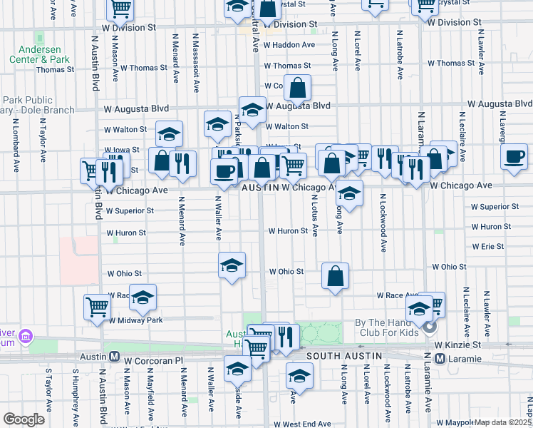 map of restaurants, bars, coffee shops, grocery stores, and more near 723 North Central Avenue in Chicago