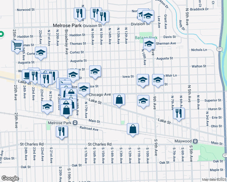 map of restaurants, bars, coffee shops, grocery stores, and more near 703 North 14th Avenue in Melrose Park