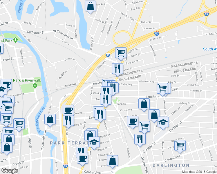 map of restaurants, bars, coffee shops, grocery stores, and more near 25 Tingley Street in Pawtucket