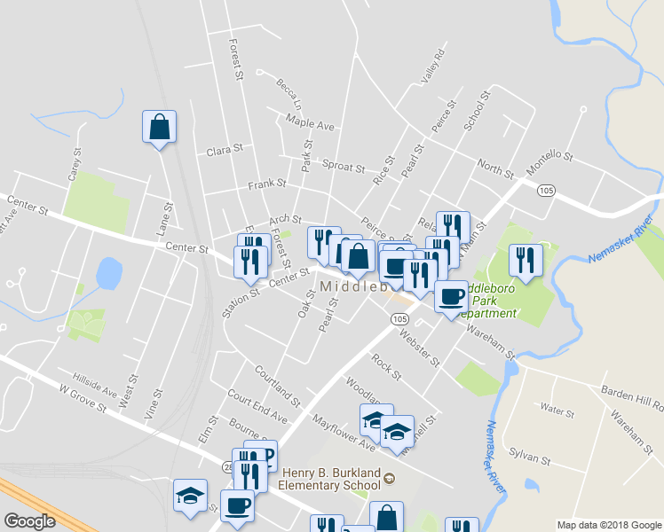 map of restaurants, bars, coffee shops, grocery stores, and more near 249 Center Street in Middleborough