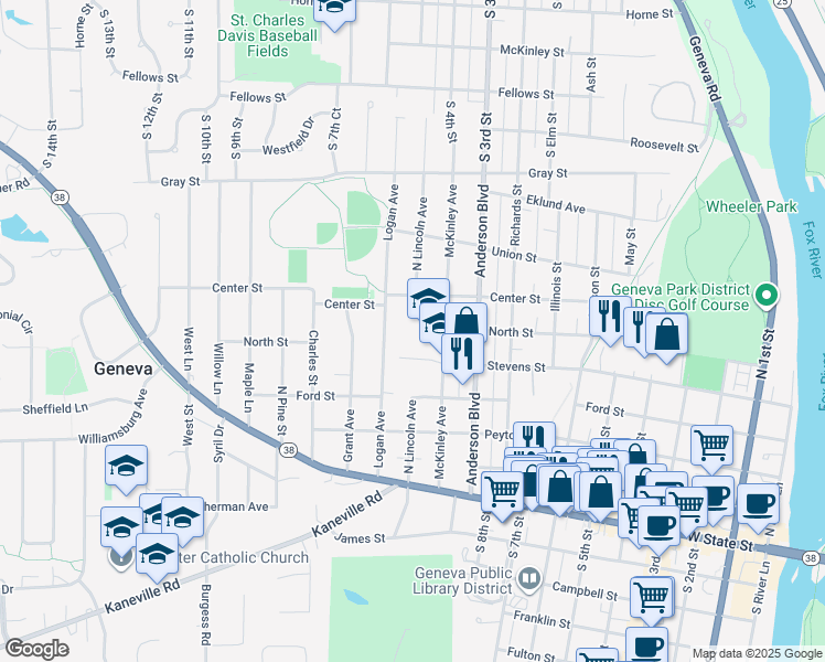 map of restaurants, bars, coffee shops, grocery stores, and more near 416 McKinley Avenue in Geneva