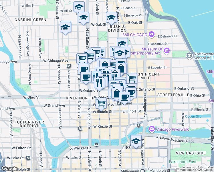map of restaurants, bars, coffee shops, grocery stores, and more near 642 North Dearborn Street in Chicago