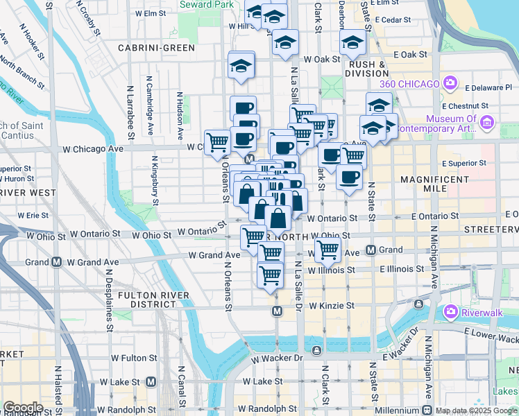 map of restaurants, bars, coffee shops, grocery stores, and more near 634 North Wells Street in Chicago