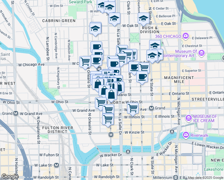 map of restaurants, bars, coffee shops, grocery stores, and more near 634 North Wells Street in Chicago