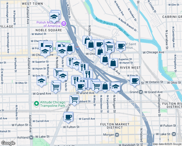 map of restaurants, bars, coffee shops, grocery stores, and more near 670 North May Street in Chicago