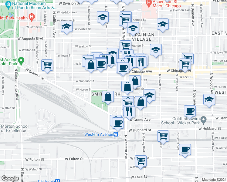 map of restaurants, bars, coffee shops, grocery stores, and more near 2445 West Huron Street in Chicago