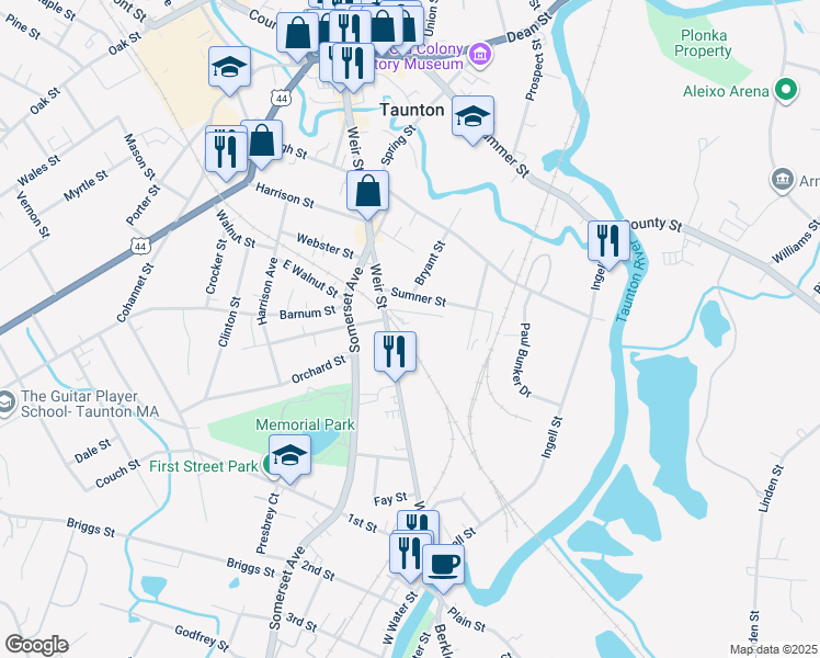 map of restaurants, bars, coffee shops, grocery stores, and more near 280R Weir Street in Taunton