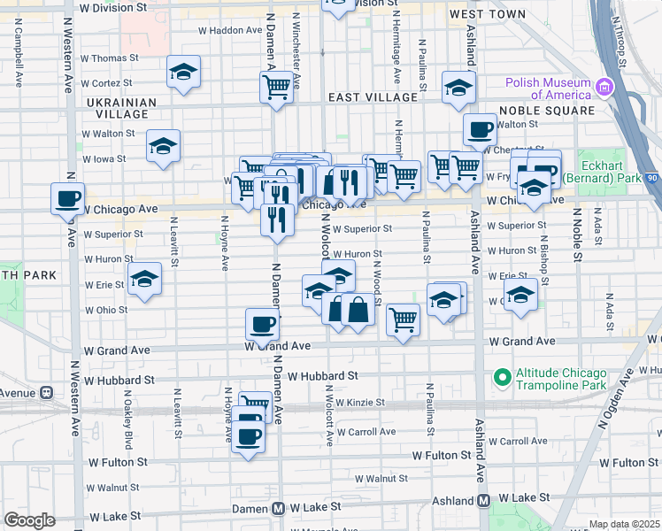 map of restaurants, bars, coffee shops, grocery stores, and more near 649 North Wolcott Avenue in Chicago