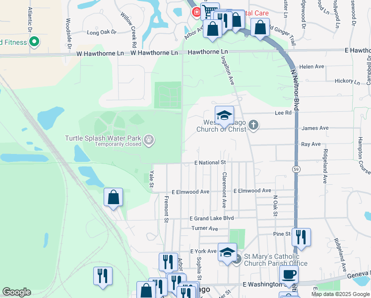 map of restaurants, bars, coffee shops, grocery stores, and more near 609 Arbor Avenue in West Chicago