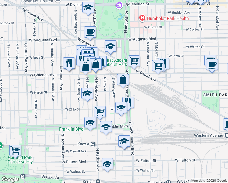 map of restaurants, bars, coffee shops, grocery stores, and more near 2909 West Huron Street in Chicago