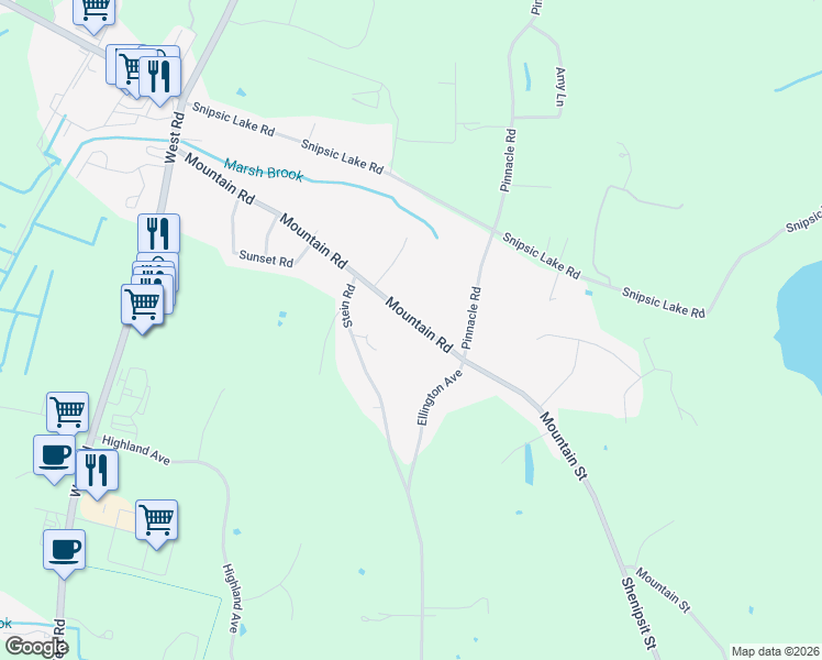 map of restaurants, bars, coffee shops, grocery stores, and more near 221 Mountain Road in Ellington