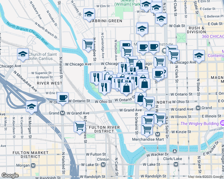 map of restaurants, bars, coffee shops, grocery stores, and more near 435 West Erie Street in Chicago