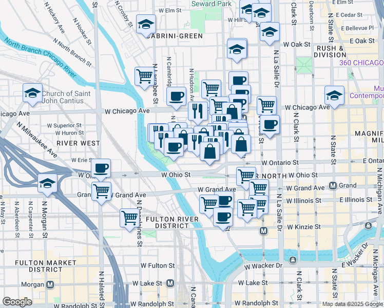 map of restaurants, bars, coffee shops, grocery stores, and more near 435 West Erie Street in Chicago