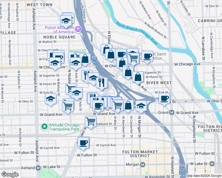 map of restaurants, bars, coffee shops, grocery stores, and more near in Chicago