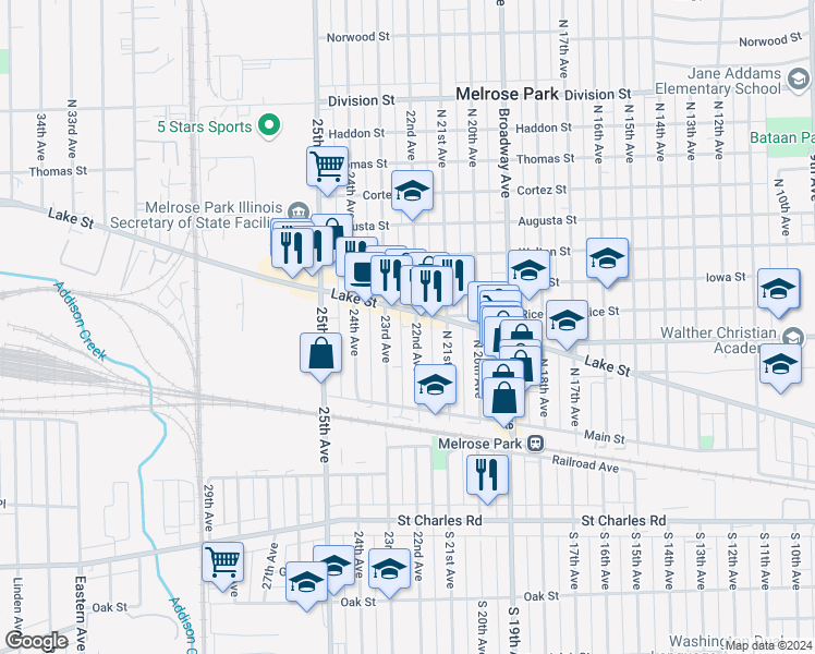 map of restaurants, bars, coffee shops, grocery stores, and more near 164 North 22nd Avenue in Melrose Park
