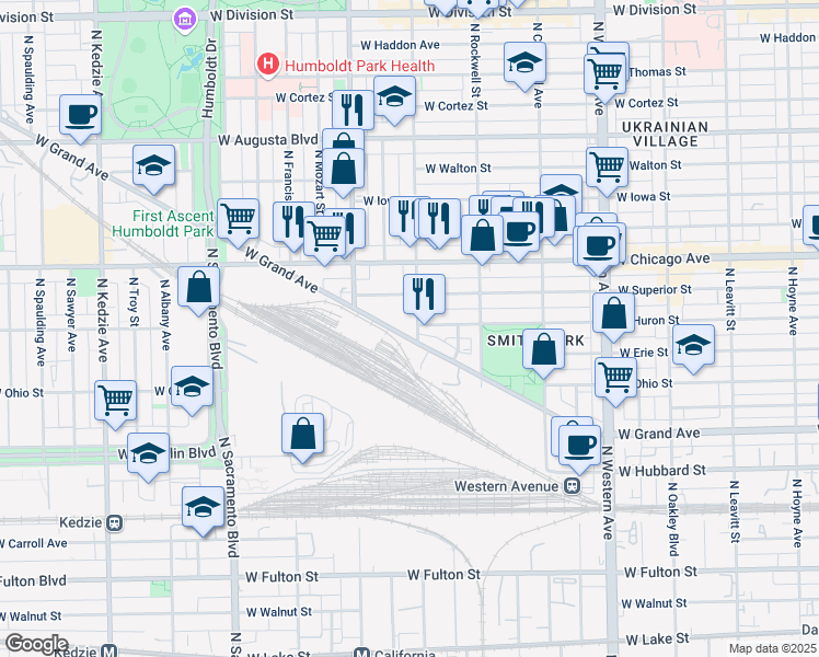 map of restaurants, bars, coffee shops, grocery stores, and more near 2700 West Grand Avenue in Chicago