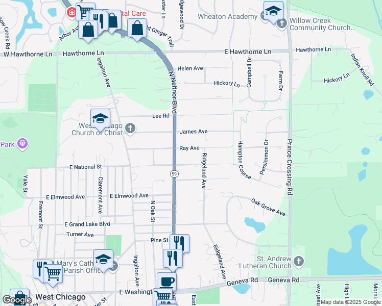 map of restaurants, bars, coffee shops, grocery stores, and more near 29W324 National Street in West Chicago