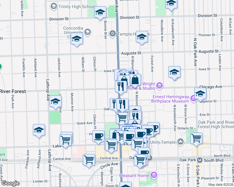 map of restaurants, bars, coffee shops, grocery stores, and more near 7204 Oak Avenue in River Forest