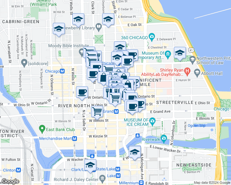 map of restaurants, bars, coffee shops, grocery stores, and more near 628 North State Street in Chicago