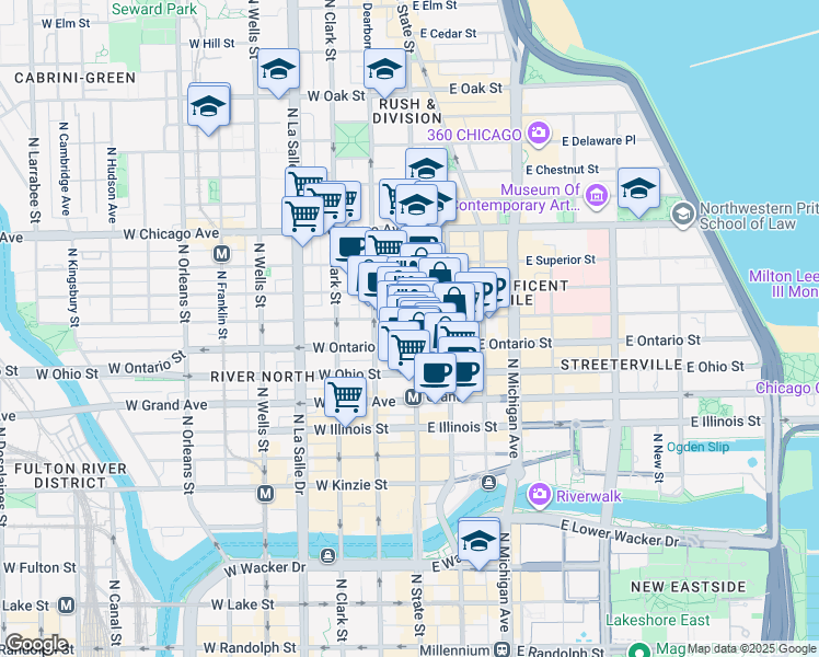 map of restaurants, bars, coffee shops, grocery stores, and more near 628 North State Street in Chicago