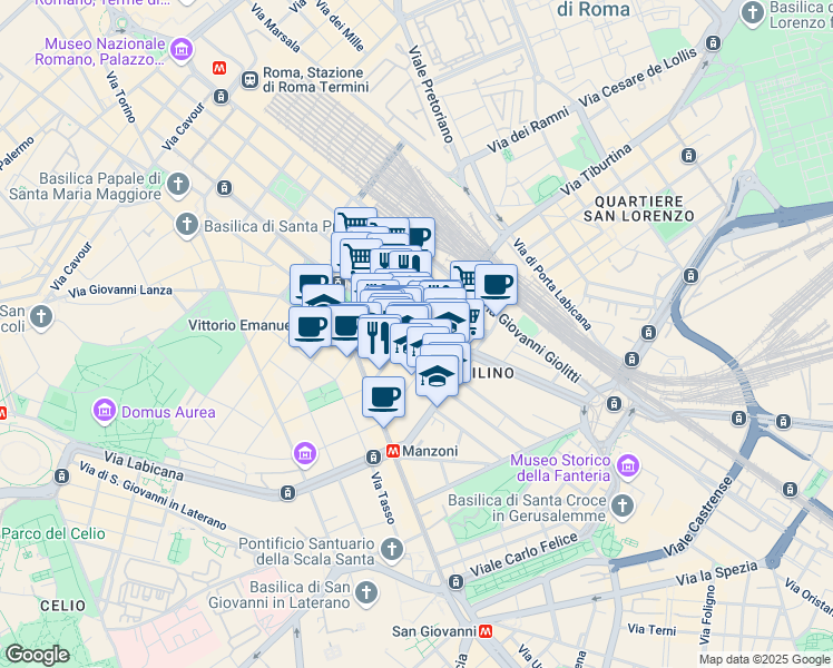 map of restaurants, bars, coffee shops, grocery stores, and more near 47 Via Principe Eugenio in Roma