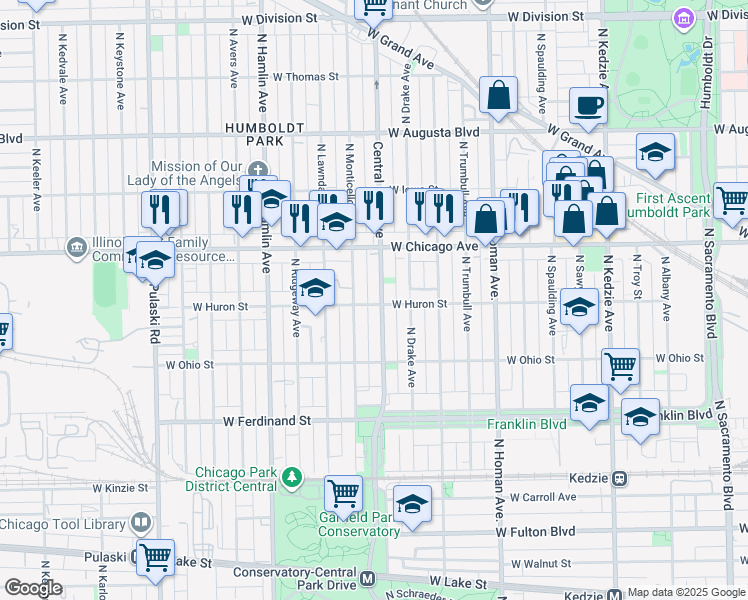 map of restaurants, bars, coffee shops, grocery stores, and more near 657 North Monticello Avenue in Chicago