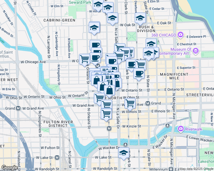 map of restaurants, bars, coffee shops, grocery stores, and more near 634 North Wells Street in Chicago