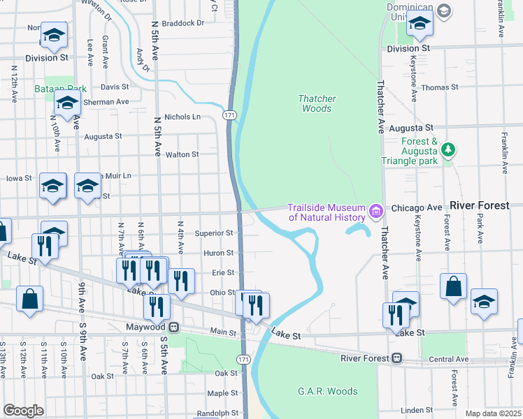 map of restaurants, bars, coffee shops, grocery stores, and more near 2619 Chicago Avenue in Maywood