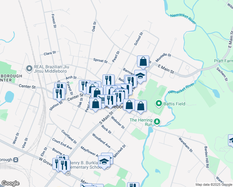 map of restaurants, bars, coffee shops, grocery stores, and more near 38 Peirce Street in Middleborough