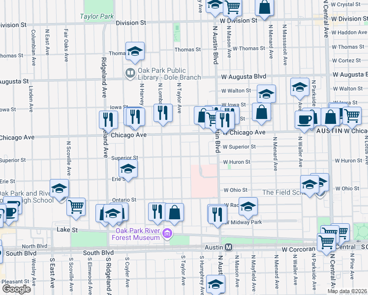 map of restaurants, bars, coffee shops, grocery stores, and more near 416 North Taylor Avenue in Oak Park