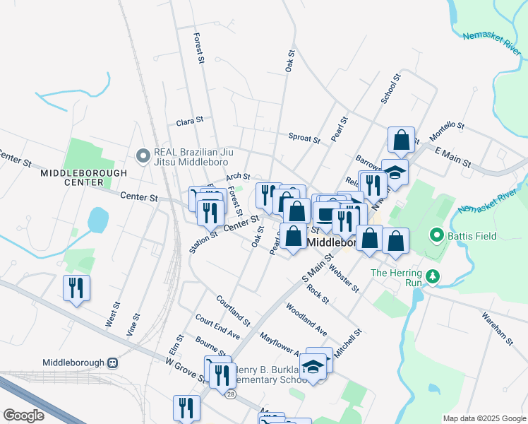 map of restaurants, bars, coffee shops, grocery stores, and more near 260 Center Street in Middleborough
