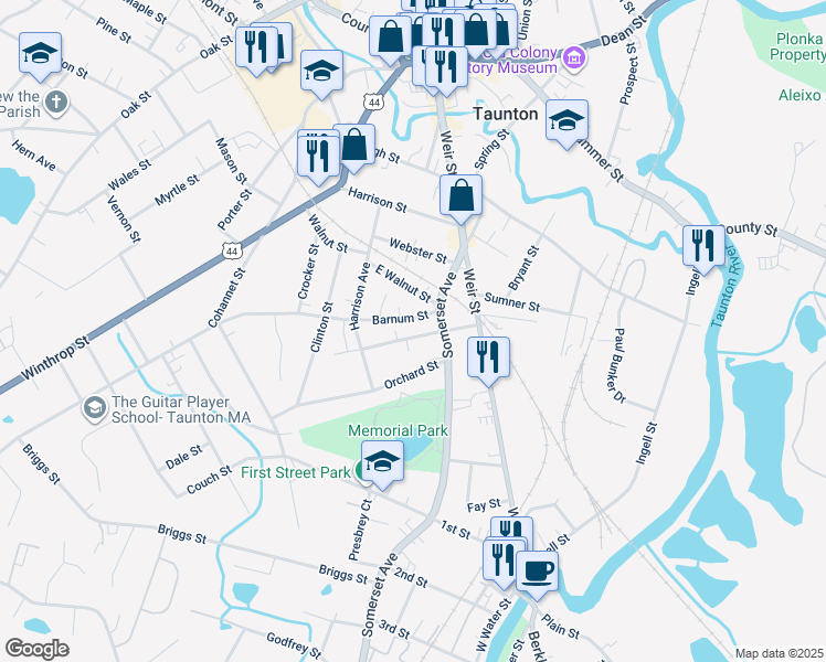 map of restaurants, bars, coffee shops, grocery stores, and more near 29 White Street in Taunton