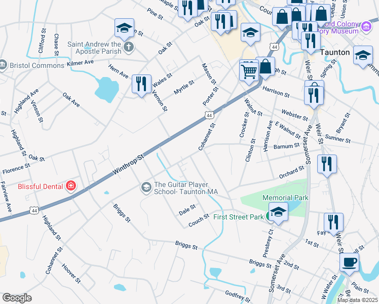 map of restaurants, bars, coffee shops, grocery stores, and more near 390 Cohannet Street in Taunton