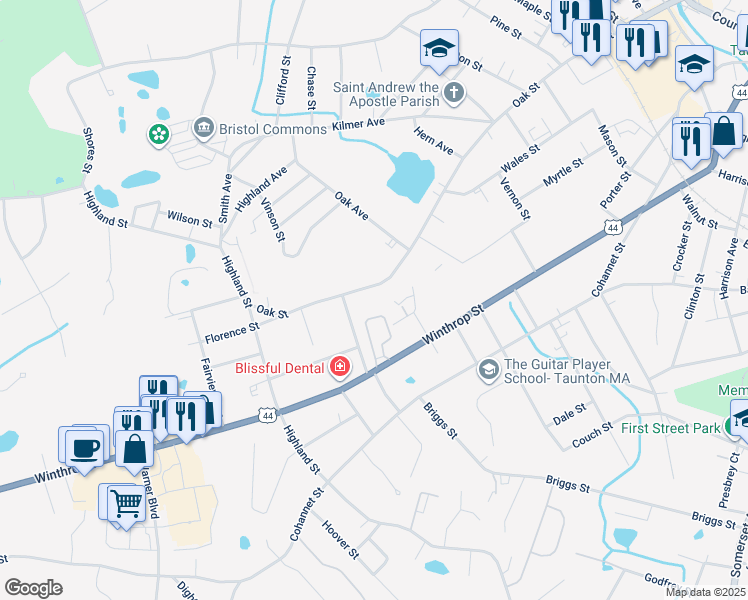 map of restaurants, bars, coffee shops, grocery stores, and more near 7 Clarence Avenue in Taunton