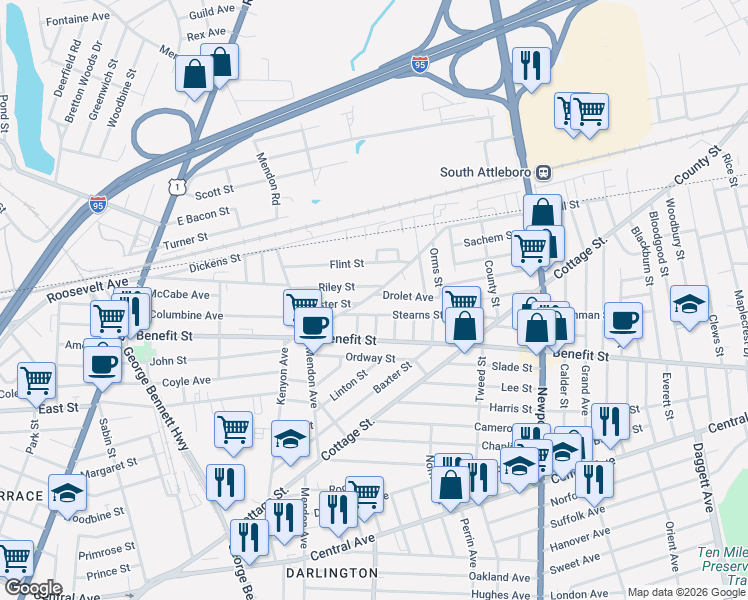 map of restaurants, bars, coffee shops, grocery stores, and more near 38 Stearns Street in Pawtucket