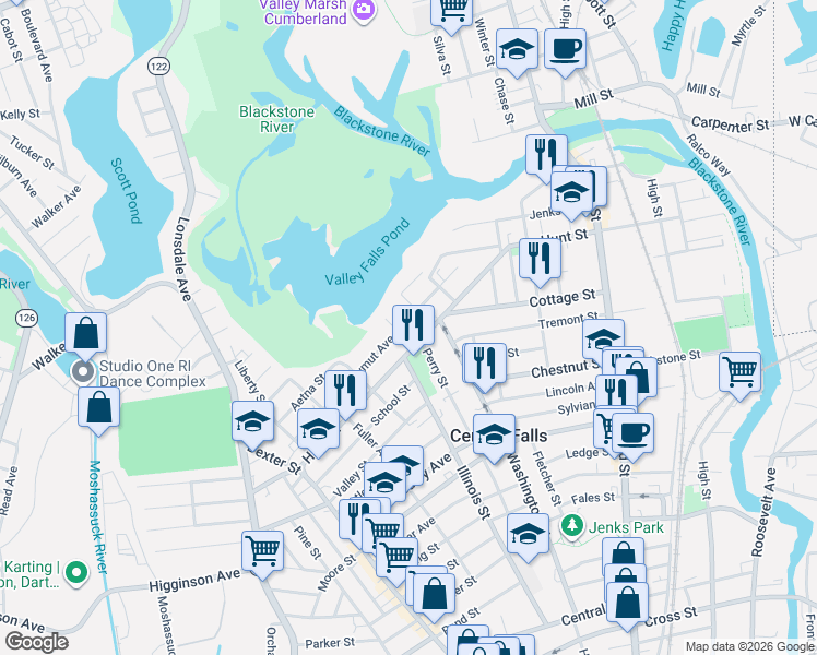 map of restaurants, bars, coffee shops, grocery stores, and more near 393 Hunt Street in Central Falls