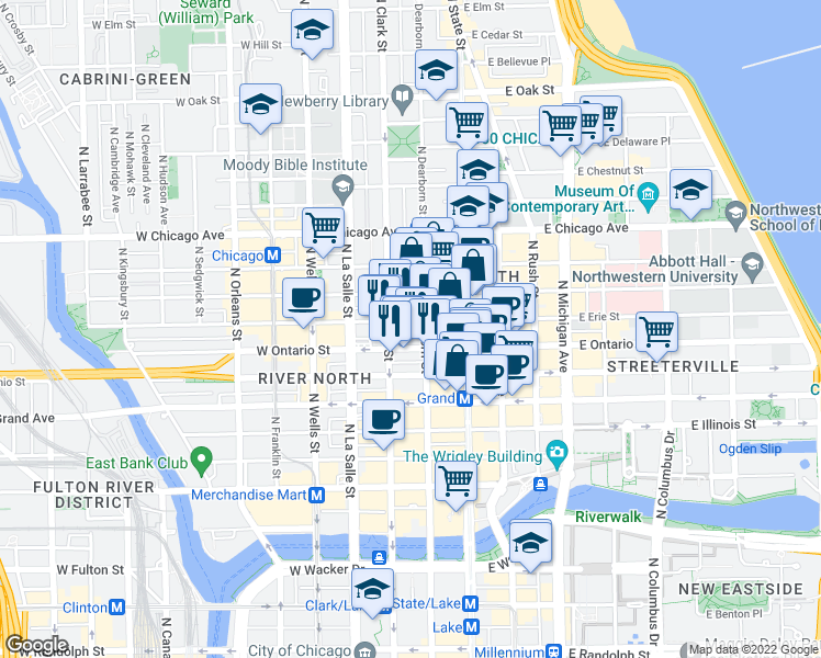 map of restaurants, bars, coffee shops, grocery stores, and more near 640 North Dearborn Street in Chicago