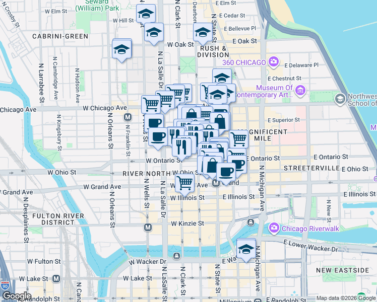 map of restaurants, bars, coffee shops, grocery stores, and more near in Chicago