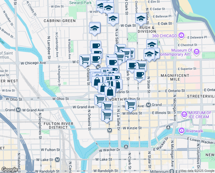 map of restaurants, bars, coffee shops, grocery stores, and more near 634 North Wells Street in Chicago