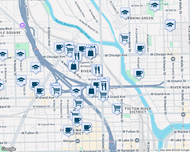 map of restaurants, bars, coffee shops, grocery stores, and more near 848 West Erie Street in Chicago